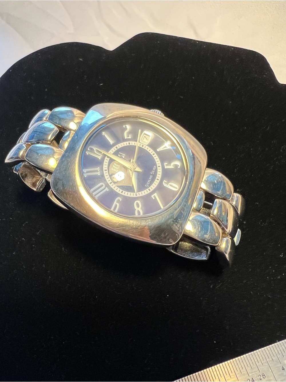 Exclissi silver quartz Watch with date, Blue dial. Heavy duty link band. (#572)